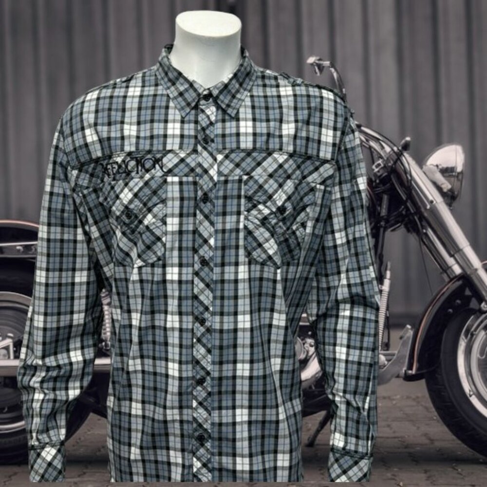 Affliction Black Premium Embroidered Gray Black Blue Plaid Long Sleeve Shirt 2XL